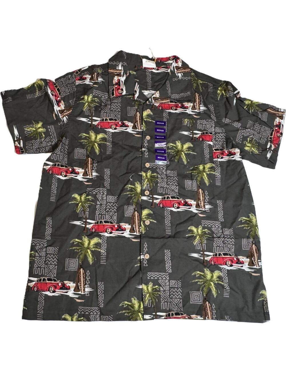 Barefoot in Paradise Button Down Hawaiian Shirt Vintage Cars Mens M NEW